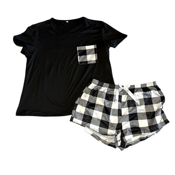 Unbranded Other - Womens Buffalo Plaid Pajama Set Black White Checkered Shorts Short Sleeve XL